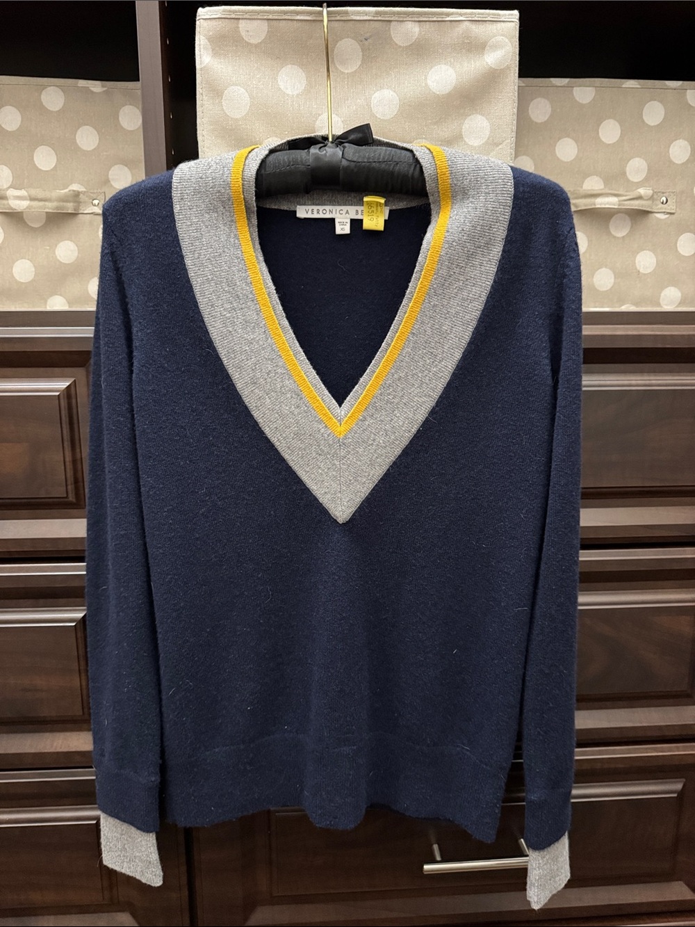 Veronica Beard Navy V-Neck Sweater with Gray and Yellow Trim